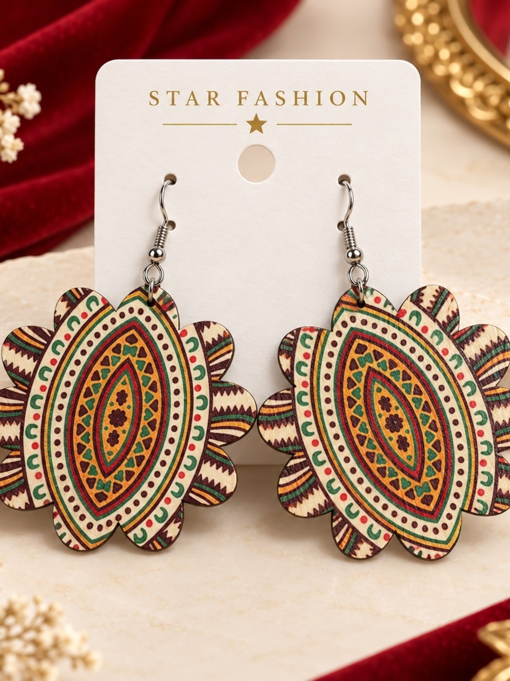 Multicolor Boho Floral Wood Drop Earrings - Red & Green